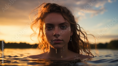 A woman in a body of water with a sunset in the background © Maria Starus