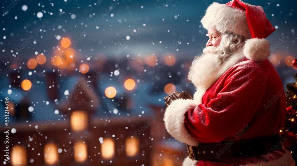 Santa Claus on a roof top in town on Christmas eve. Serene snow fall and a holiday feeling. Banner with copy space. - obrazy, fototapety, plakaty 