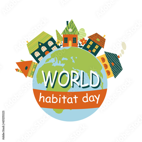 World Habitat Day 5 October icon logo with towns or city on globe illustration. Vector illustration.