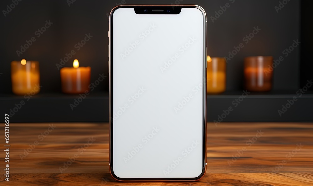 Isolated smartphone mockup with blank screen on a wooden table Isolated smartphone mockup with blank screen on a wooden table