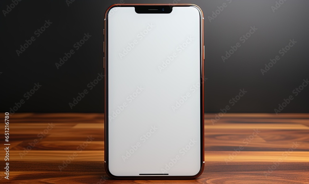 Isolated smartphone mockup with blank screen on a wooden table Isolated smartphone mockup with blank screen on a wooden table