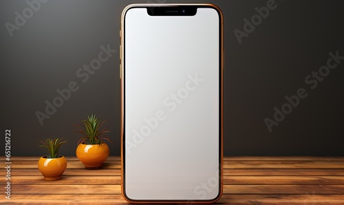 Isolated smartphone mockup with blank screen on a wooden table