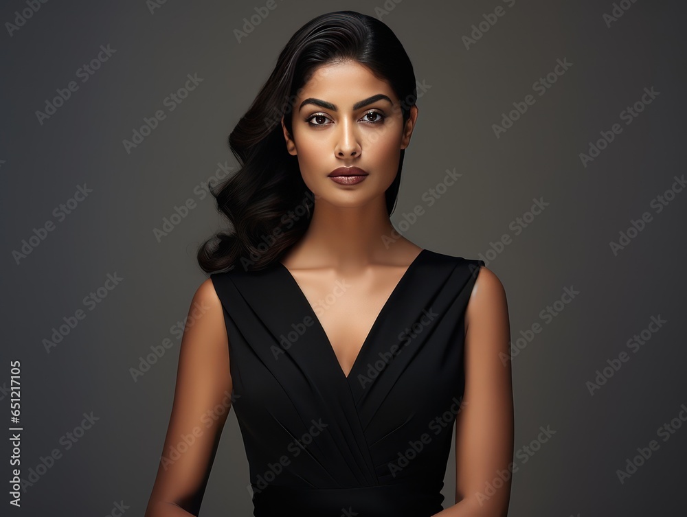Fototapeta premium Indian Beauty Embodies Sophistication in a Classic Black Dress Tailored for Luxury Brand Ad