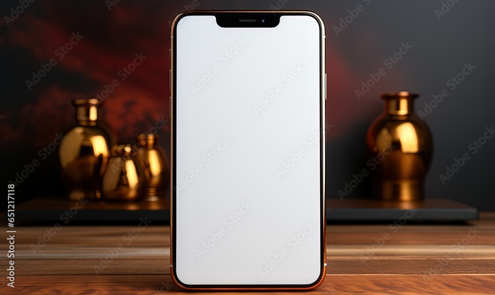 Isolated smartphone mockup with blank screen on a wooden table Isolated smartphone mockup with blank screen on a wooden table