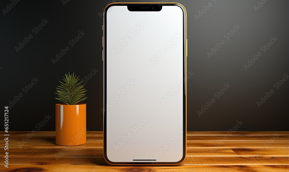 Isolated smartphone mockup with blank screen on a wooden table Isolated smartphone mockup with blank screen on a wooden table