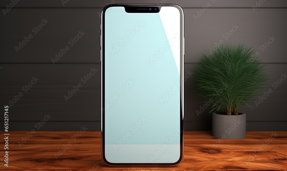 Isolated smartphone mockup with blank screen on a wooden table Isolated smartphone mockup with blank screen on a wooden table