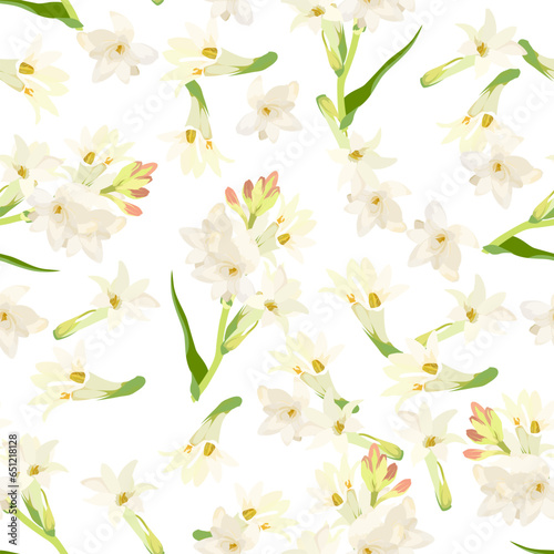 A seamless pattern of Tuberose flower, vector illustration, and flower background. © Aphichart