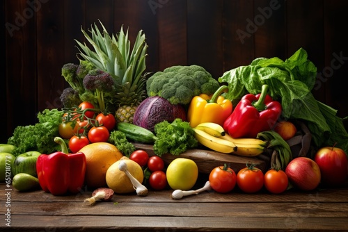 Bountiful Bounty  A Colorful Display of Assorted Fruits and Vegetables on a Rustic Wooden Table