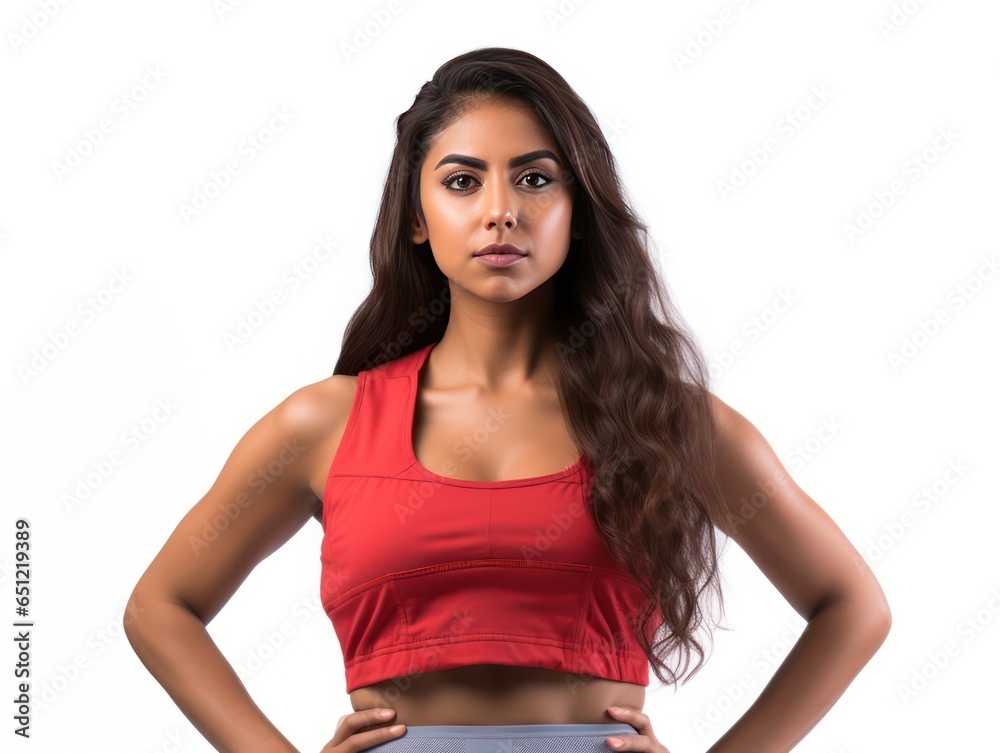 Indian girl in athleisure wear symbolizing style & fitness for sportswear ad isolated on white background Indian girl in athleisure wear symbolizing style & fitness for sportswear ad isolated on white background