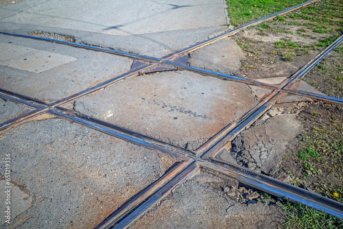 Crossing tram tracks on an autumn day