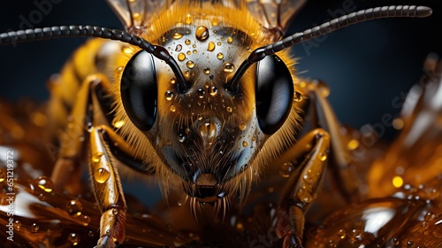  a close up of a bee with drops of water on its face.  generative ai © Anna