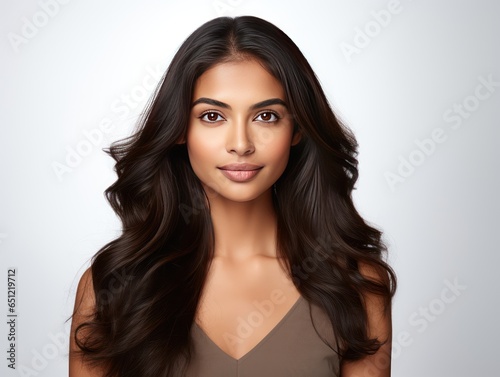 Indian girl with flawless detangled hair, spotlighting hair detangling products in a beauty commercial isolated on white background