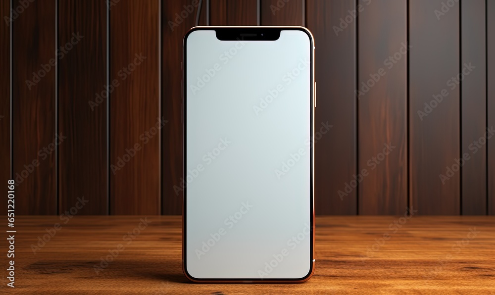 Mockup of isolated touch screen cell phone with blank screen on a wooden table Mockup of isolated touch screen cell phone with blank screen on a wooden table