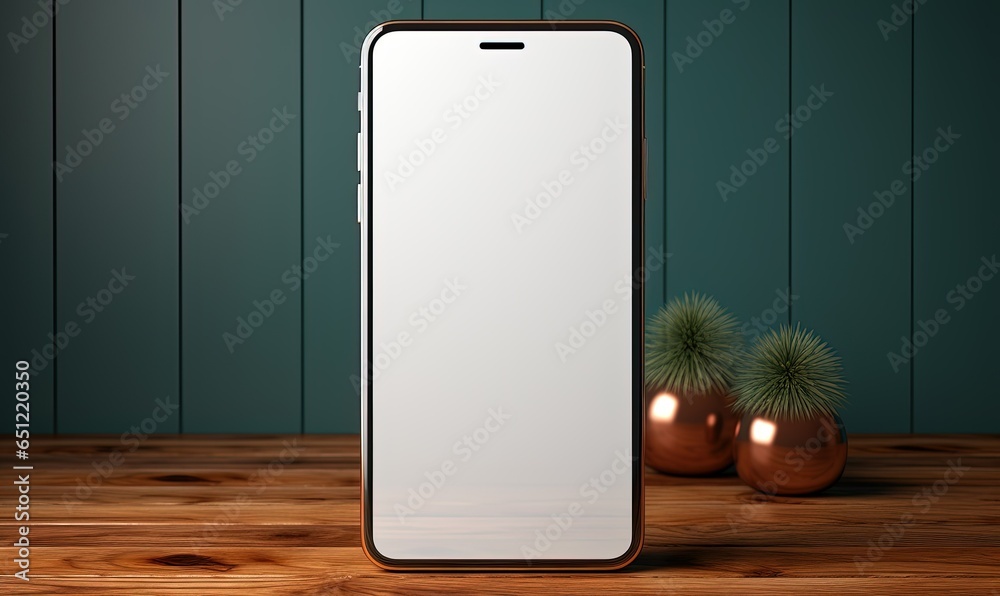 Mockup of isolated touch screen cell phone with blank screen on a wooden table Mockup of isolated touch screen cell phone with blank screen on a wooden table