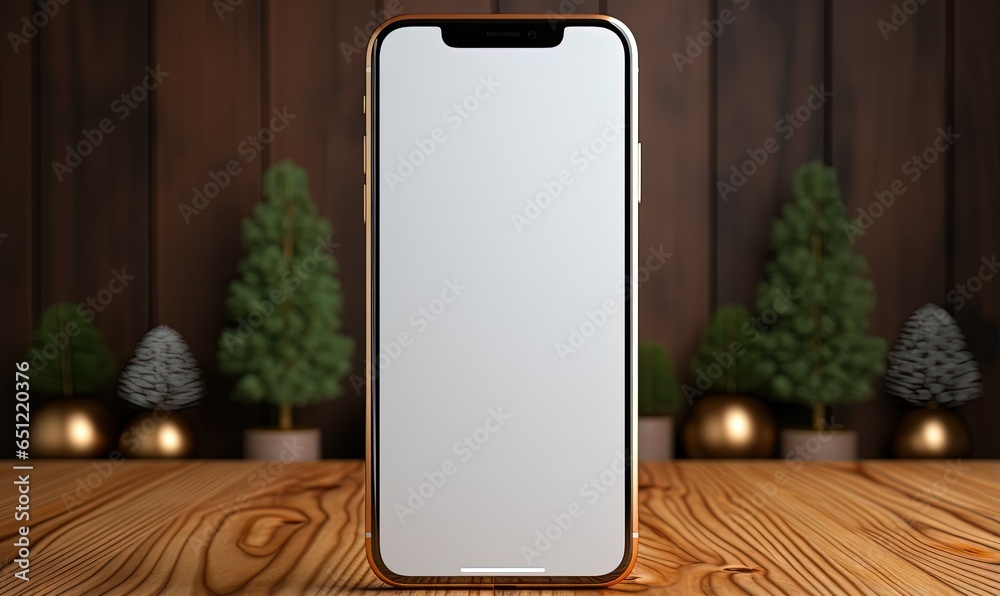 Mockup of isolated touch screen cell phone with blank screen on a wooden table Mockup of isolated touch screen cell phone with blank screen on a wooden table