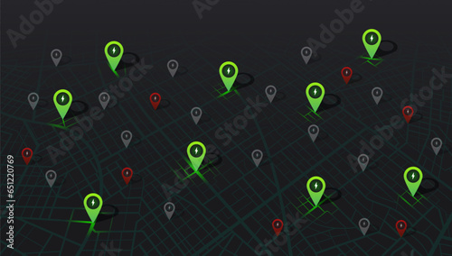 Location EV charging station location mark on gps navigation map a lot with fast supercharger station. Path turns and destination tag or mark. Huge city top view Tracking path, route. vector isometric