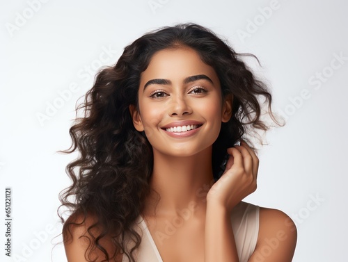 Revel in Indian Beauty, Innate Charm Elevated with Our Beauty Products, Her Smile and Gaze Signify the Union of Confidence and Holistic Beauty, Poised isolated on white background