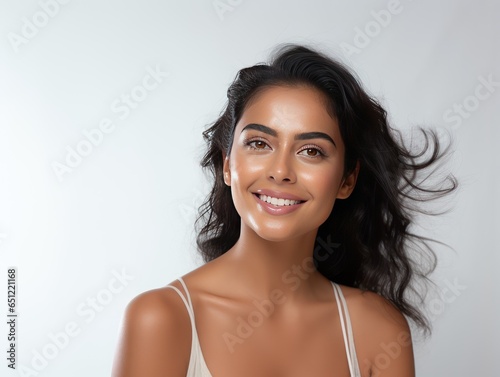 The Art of Indian Beauty, Charm Refined by Beauty Products, Her Smile and Gaze Echoing the Power of Holistic Self-Care and Beauty isolated on white background