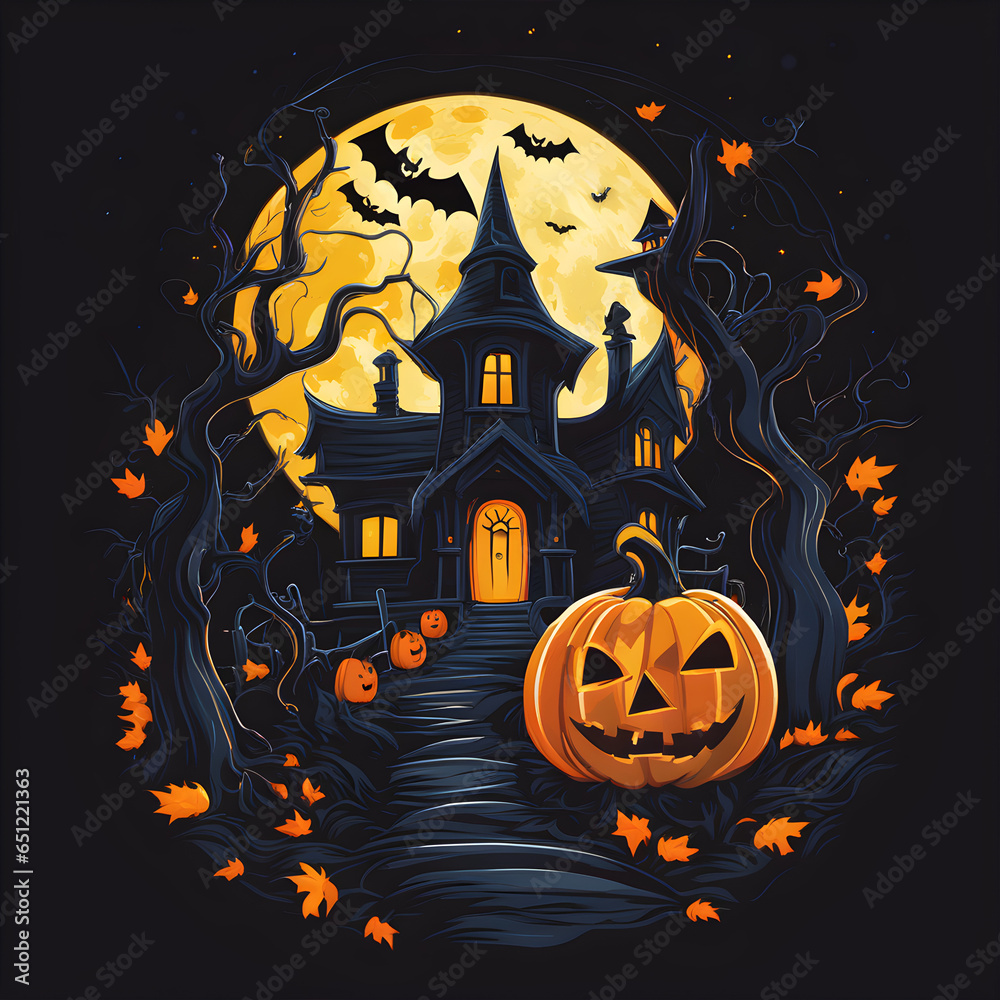 Fototapeta premium Haunted Castle Halloween with Full Moon