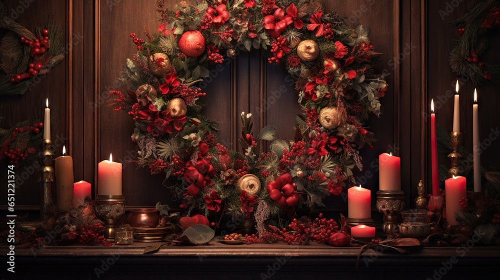  a christmas wreath with candles and other decorations on a mantle.  generative ai