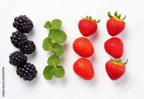 Freash red berries, blueberries, blackberries and strawberries on white background