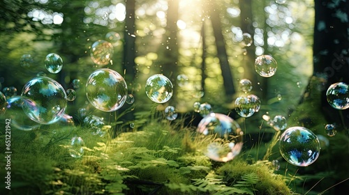  a group of bubbles floating in the air in a forest. generative ai