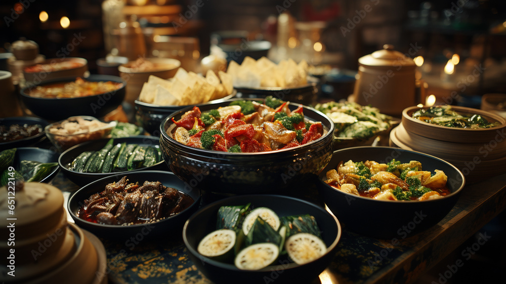 Traditional Chinese cuisine based on rice, pasta, meat and many vegetables