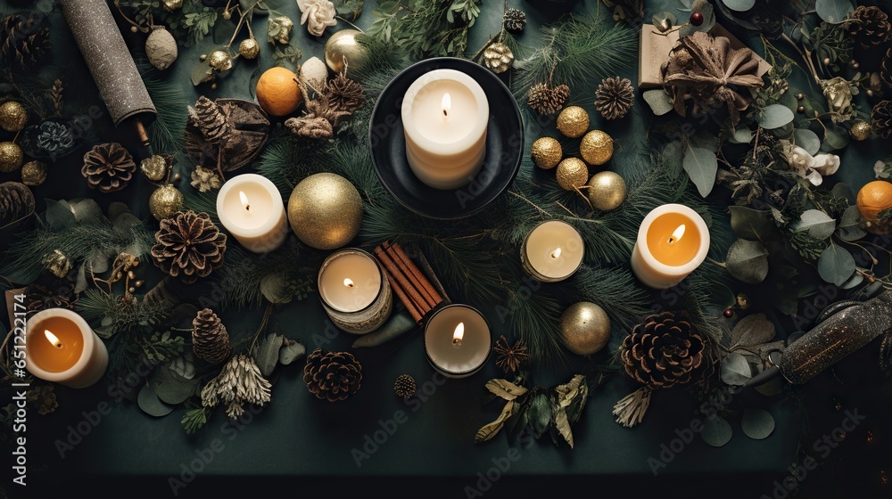 a table topped with candles surrounded by evergreen leaves and pine cones. generative ai a table topped with candles surrounded by evergreen leaves and pine cones. generative ai