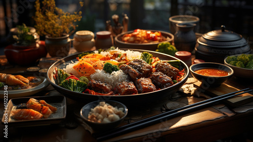 Traditional Chinese cuisine based on rice, pasta, meat and many vegetables