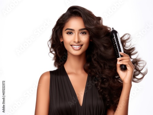 Indian girl endorsing hair styling tools, with perfectly styled hair, isolated on white background