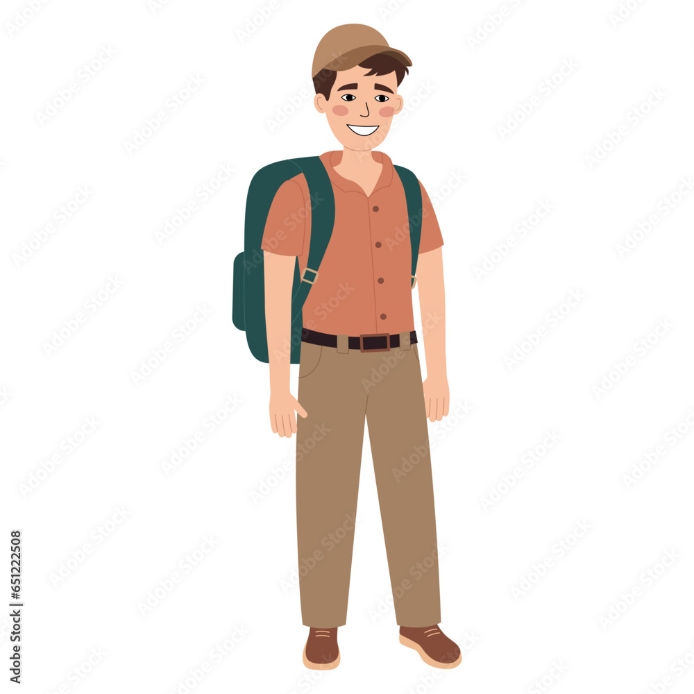 Happy man tourist with backpack and cap. Traveler, hiker guy. Standing pose. Vector flat illustration isolated on white background Happy man tourist with backpack and cap. Traveler, hiker guy. Standing pose. Vector flat illustration isolated on white background