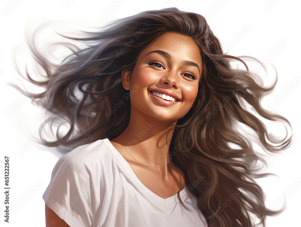 Radiant Indian girl in a casual moment, hair showing natural beauty for beauty ad, isolated on a white background Radiant Indian girl in a casual moment, hair showing natural beauty for beauty ad, isolated on a white background