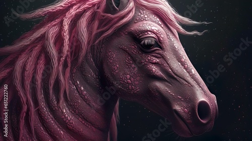 A magical fairy pink horse wild animal with beautiful mane on the dark background. Believe in magic concept.