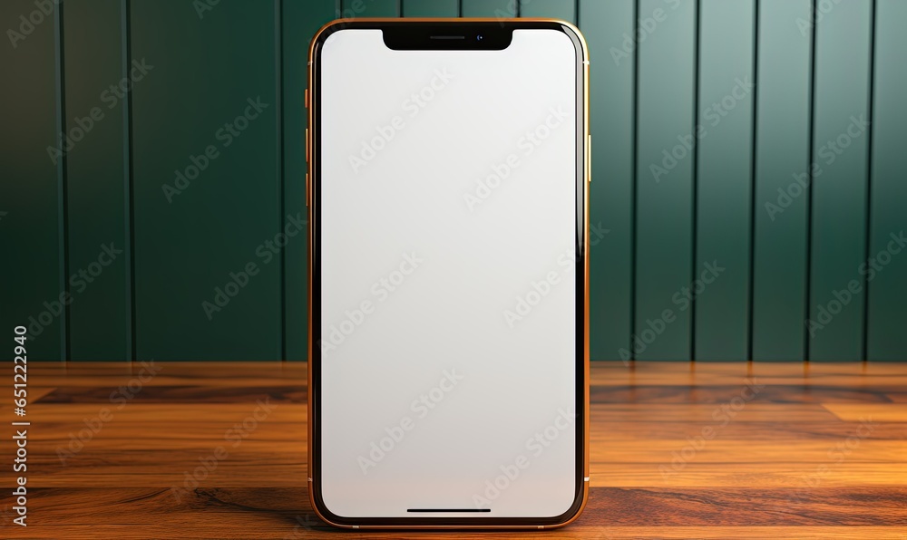 Mockup of isolated touch screen cell phone with blank screen on a wooden table