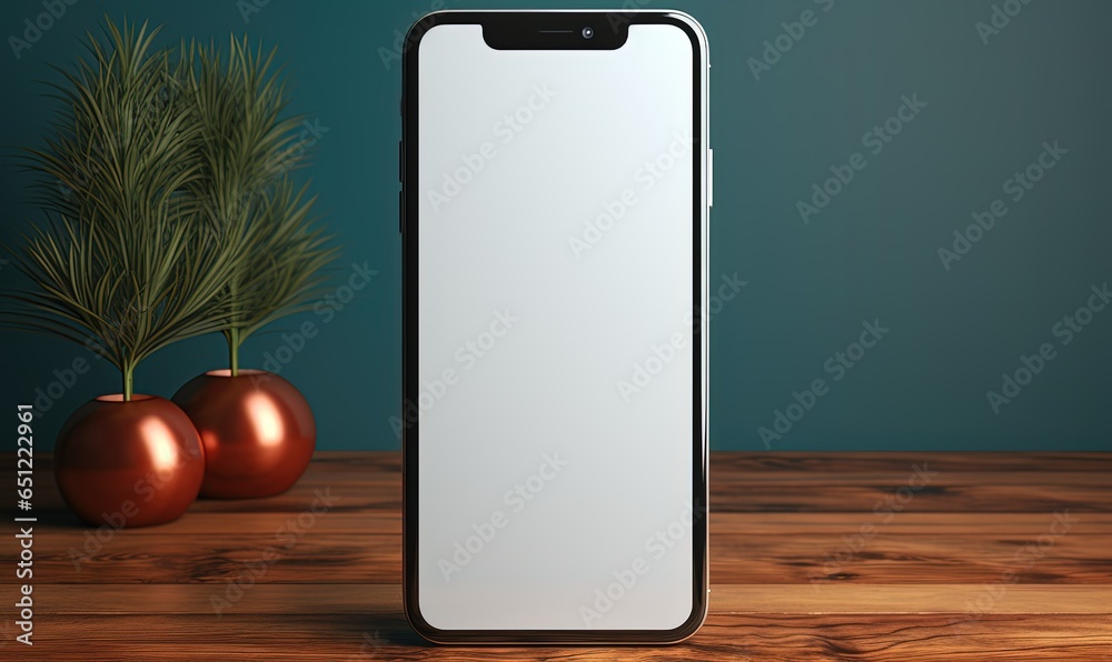 Mockup of isolated touch screen cell phone with blank screen on a wooden table