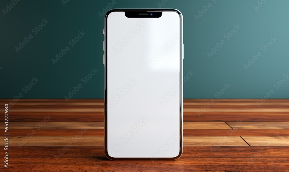 Mockup of isolated touch screen cell phone with blank screen on a wooden table