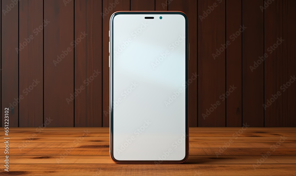 Mockup of isolated touch screen cell phone with blank screen on a wooden table Mockup of isolated touch screen cell phone with blank screen on a wooden table