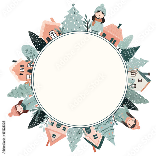 Winter card, frame with scandi houses, trees, girls. Concept christmas and New Year. Winter ornament, poster, banner.
