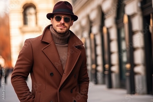 Modebewusster Mann mit Dreitagebart, braunem Mantel, Hut, Rollkragenpullover und Sonnenbrille in einer Stadt im Herbst