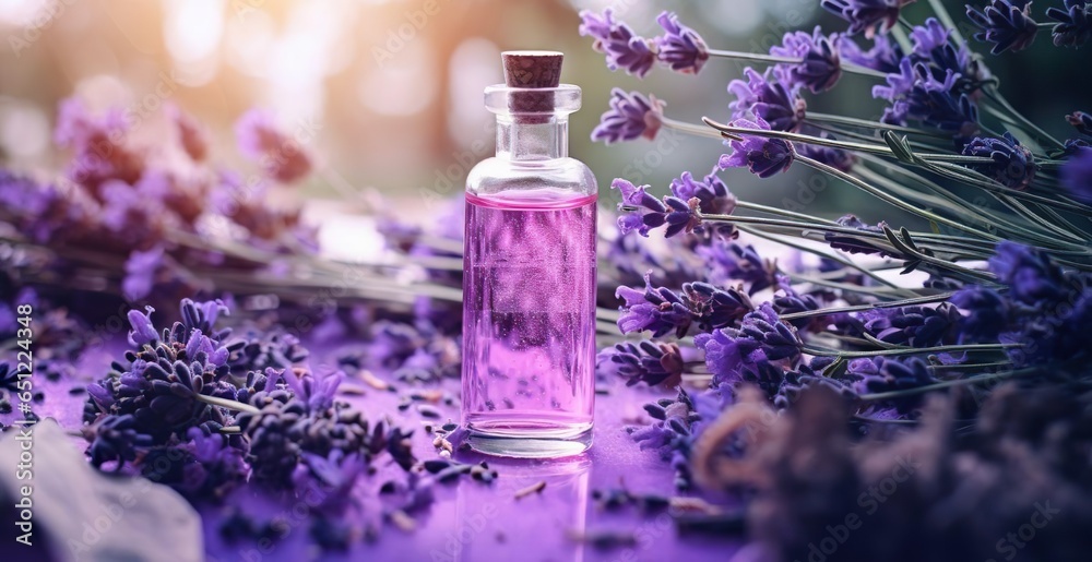 Glass bottle of lavender essential oil with fresh lavender sprigs Glass bottle of lavender essential oil with fresh lavender sprigs