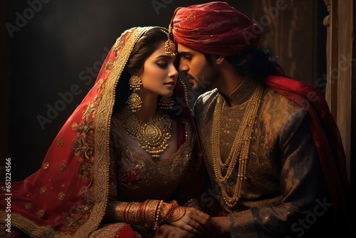 Rajput wedding's grandeur evident as the Rajasthani bride and groom in royal attire share a tender moment