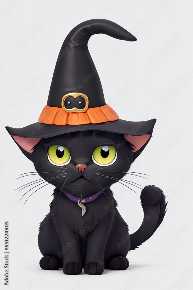 Fototapeta premium Cute black cat in halloween themed witch costume, 3D art style rendering 2