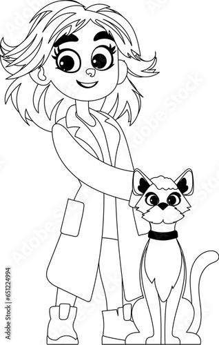 A kind lady asked a veterinarian to look after a very adorable cat. She is very glad. Childrens coloring page.