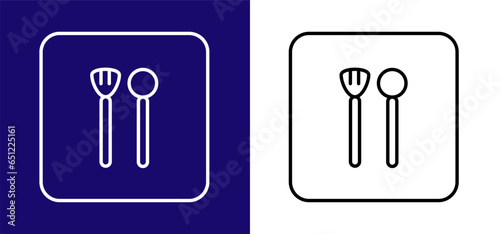 Icon representing a cafe with a fork and spoon. Available in two colors blue  white and white  black.