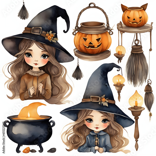 draw set of glamorous adorable funny boho halloween witch with cauldron, Cute Halloween Watercolor,  isolated on a white background