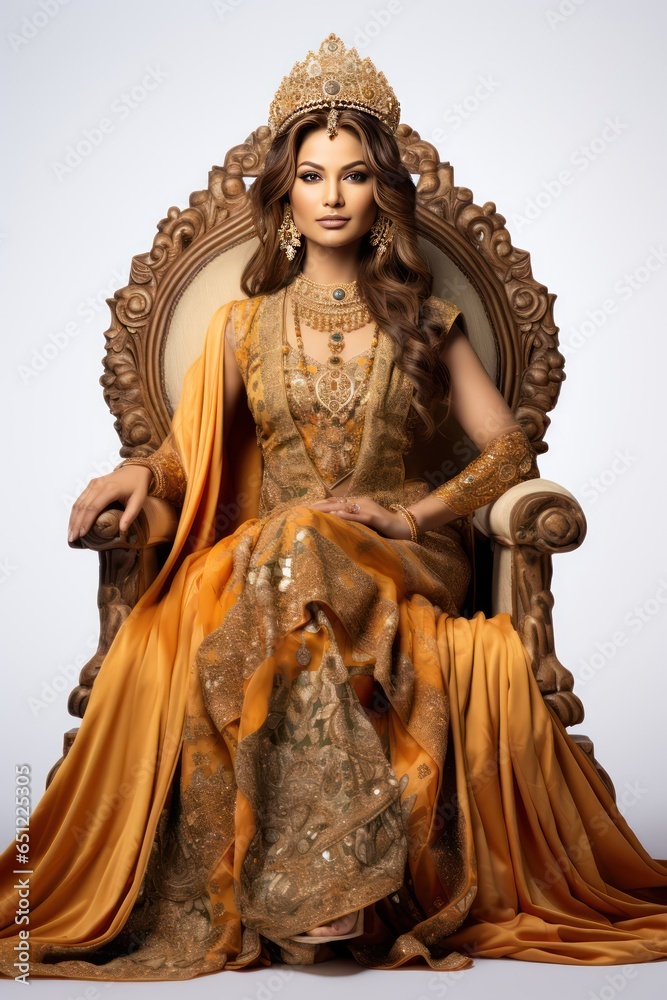 Fototapeta premium Serene Indian queen, glowing with royal charisma, elegantly placed on an opulent chair, her charming grin speaking of regal splendor