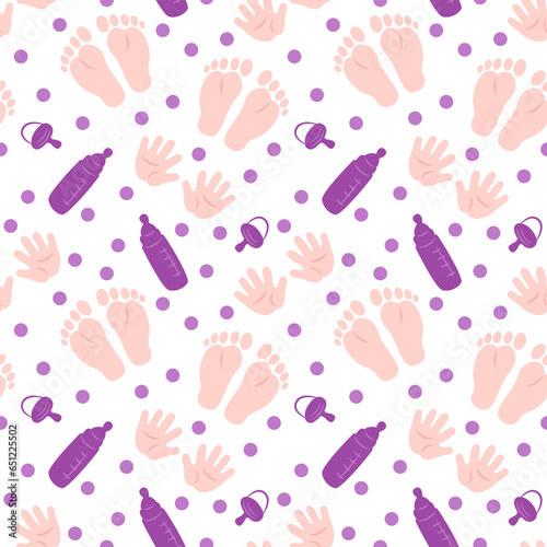 Seamless pattern with baby pacifier, bottle, footprints, handprints and circles. Flat color vector illustration.