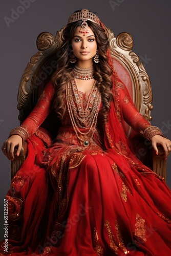 Regal Indian queen, in her luxurious chair, her beguiling smile and refined attire showcasing the splendor of her esteemed lineage
