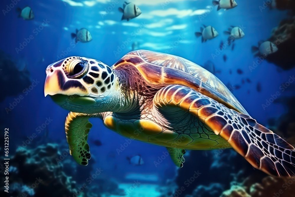 Sea turtle, colorful under water scene. Ocean diversity and ecology concept. 