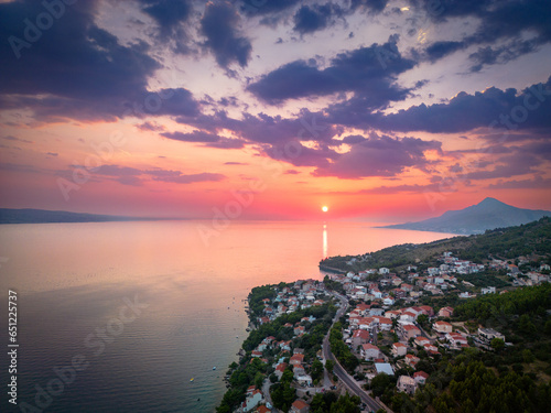 An aerial view of the Dalmatian coastline, near Omis in Croatia, as the sun sets
